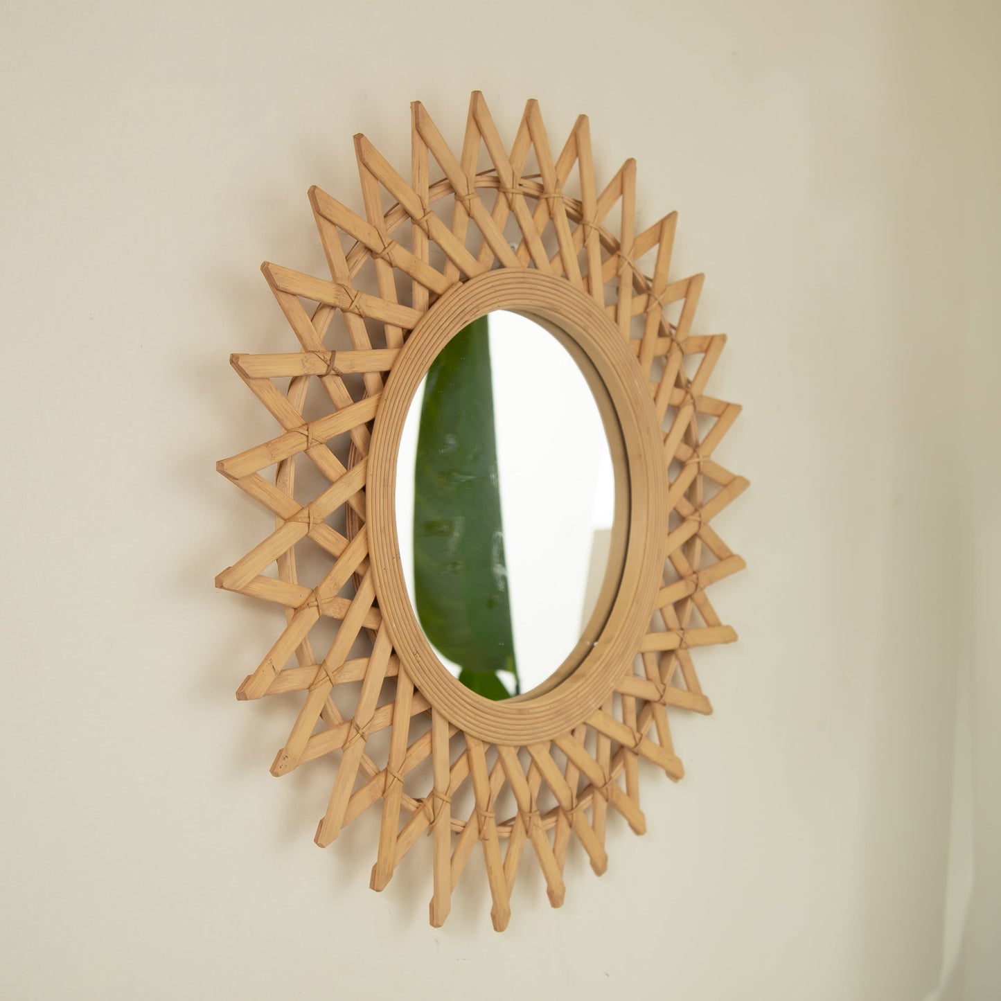 Wall Mirror Round Bamboo Hemp Rope Diamond Pattern Natural Boho 23.6 In