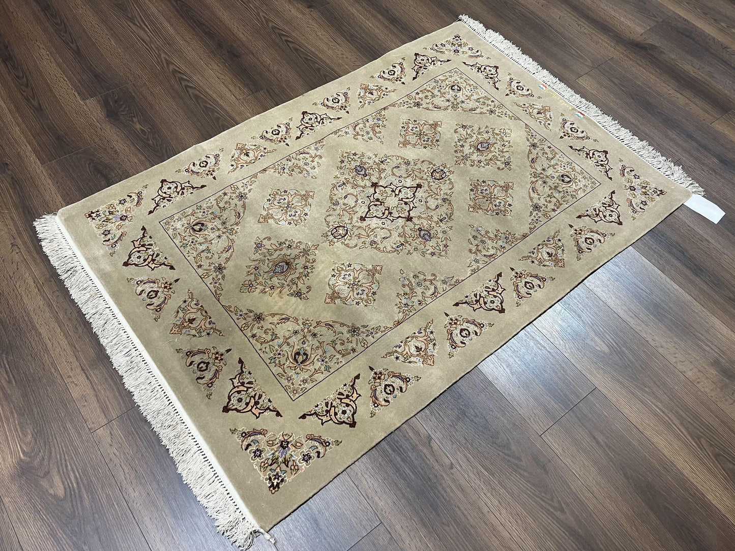 Very Fine Persian Isfahan Rug 3x5 ft with Signature, Kork Wool on Silk Foundation, Gray-Taupe Vintage Hand Knotted Oriental Carpet, 60 Raj 460 KPSI