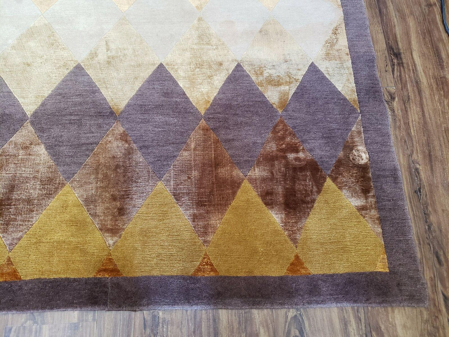 Modern Tibetan Rug 8.6 x 11, Wool and Silk, Multicolor, Diamond Panel Design