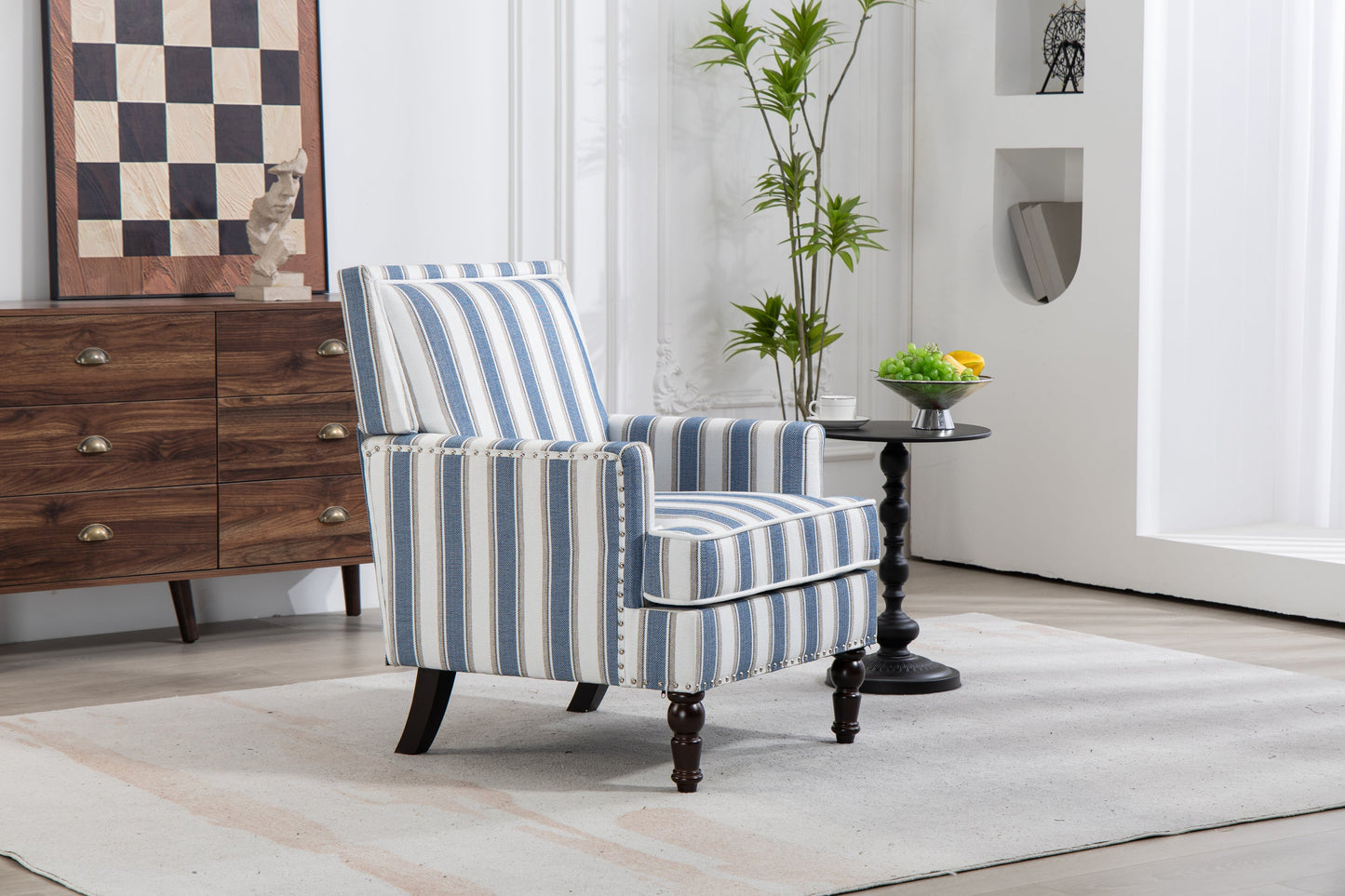 Accent Chair Vintage Blue White Stripe Linen Nailhead Trim