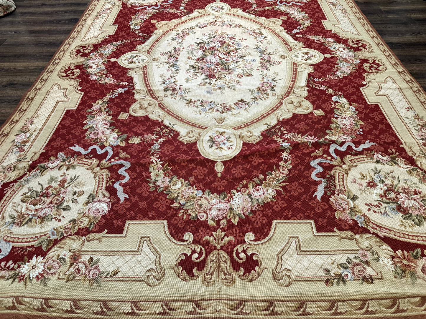 Aubusson Rug 8x11, Needlepoint Carpet, Red Ivory Beige, Vintage, French European Design