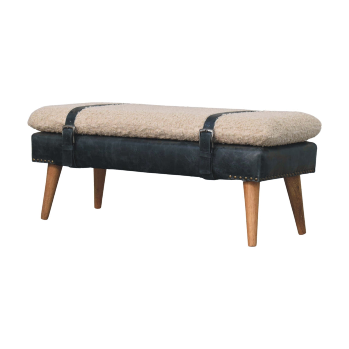The Calder Bouclé & Buffalo Leather Bench — Oak