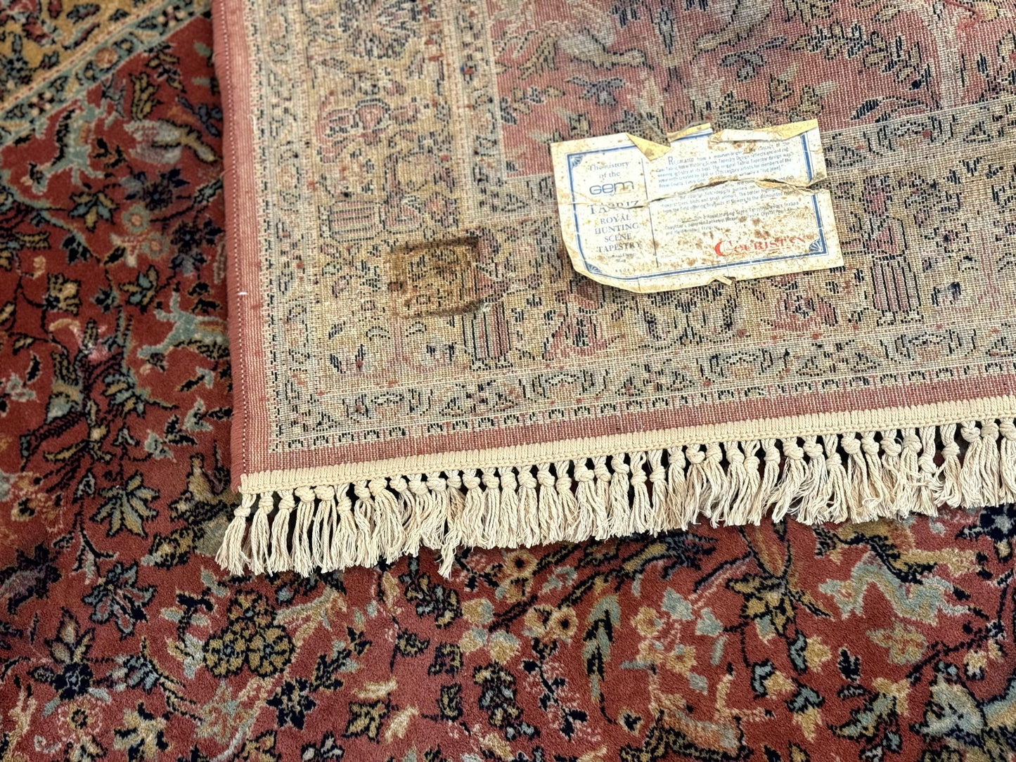 The Sporting Estate Antique Belgian Hunting Scene Rug — Red-Orange & Teal
