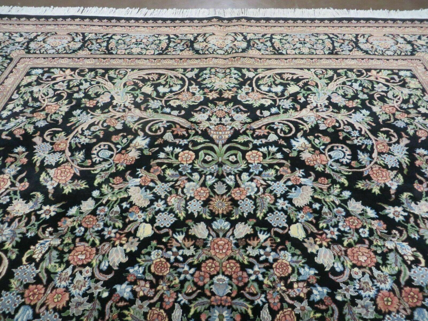 8' X 10' Vintage Handmade Pakistani Floral Wool Rug Black Nice