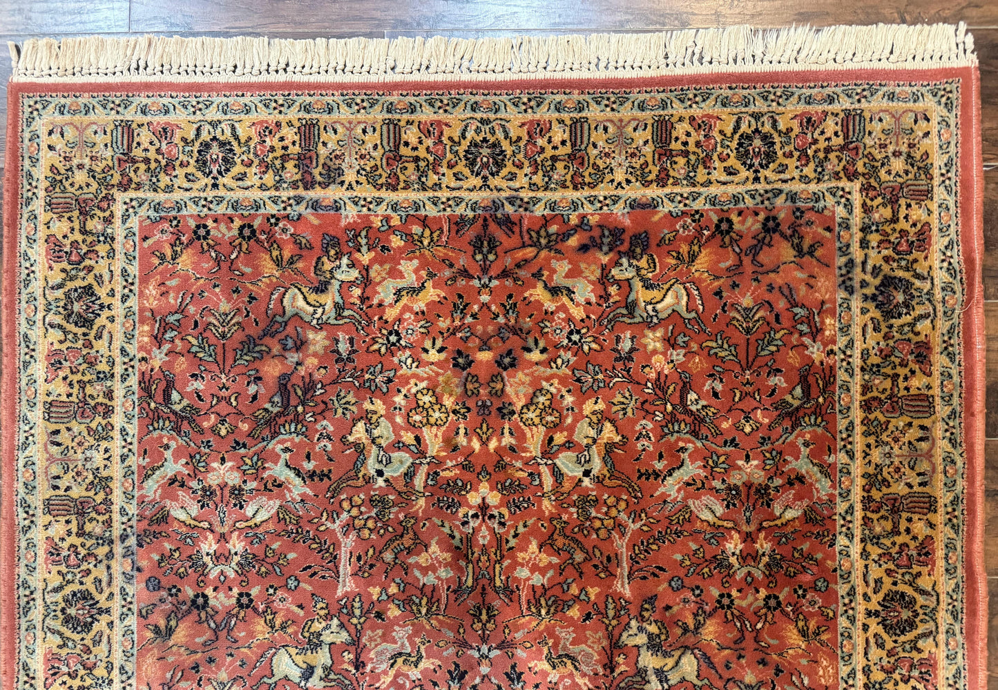 The Sporting Estate Antique Belgian Hunting Scene Rug — Red-Orange & Teal