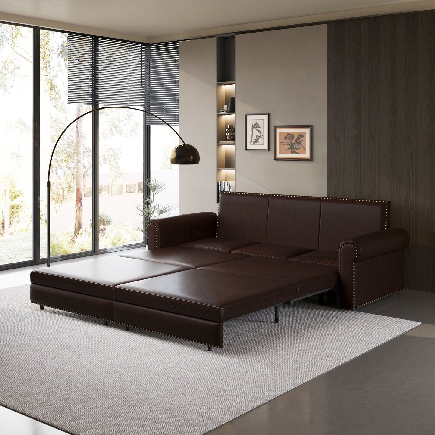 3 In 1 Convertible Sleeper Sofa With Nailhead Trim & Rolled Arm