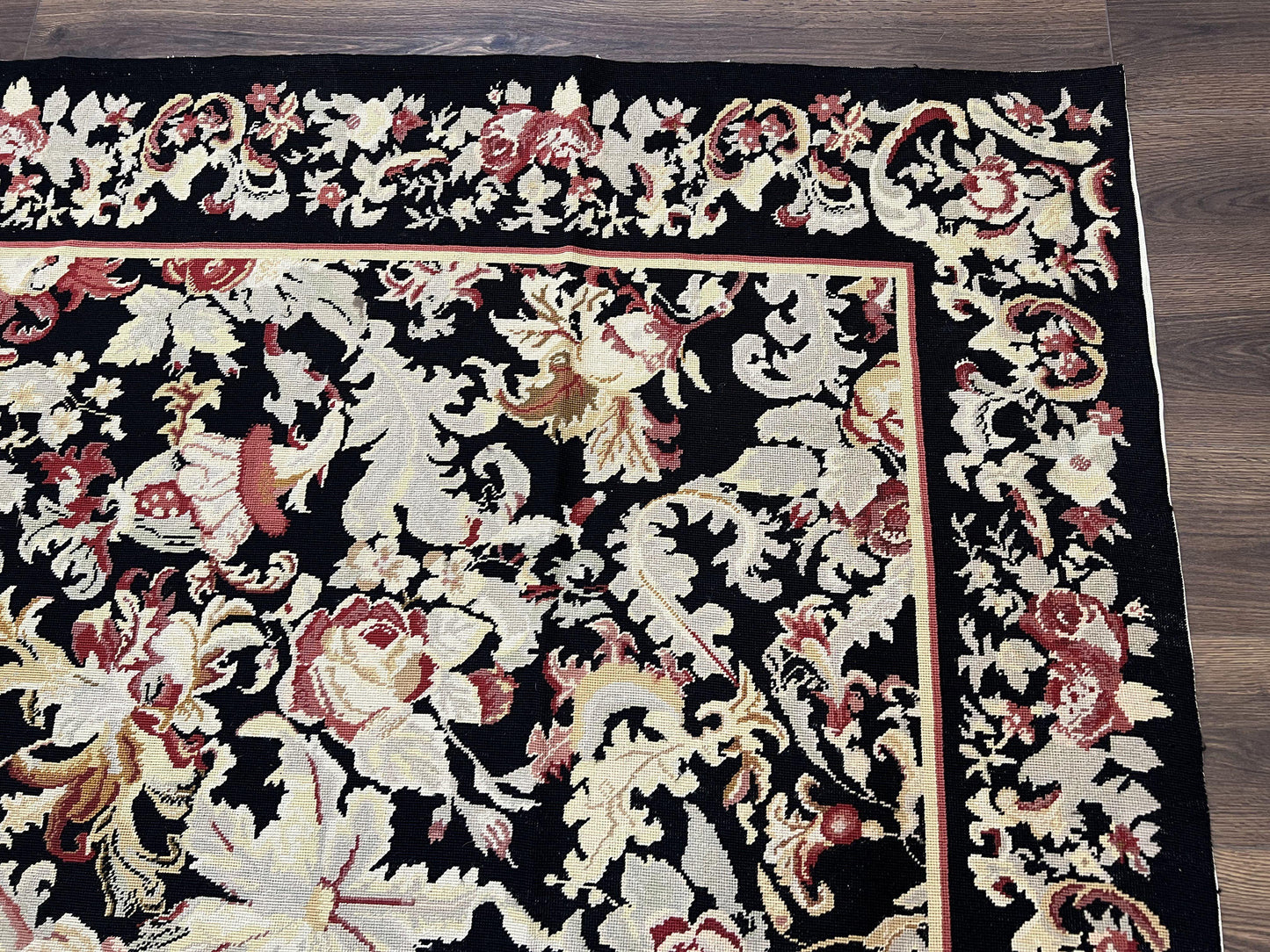 Wool Needlepoint Rug 9x12, William Morris Vintage Chinese Needlepoint Carpet 9 x 12, Handwoven, Allover Floral Area Rug, Black Light Green