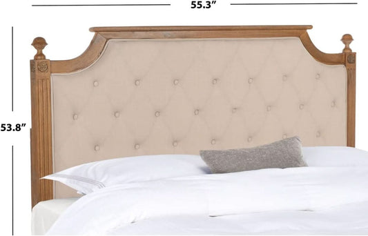 Tufted Linen Headboard in Beige and Rustic Oak