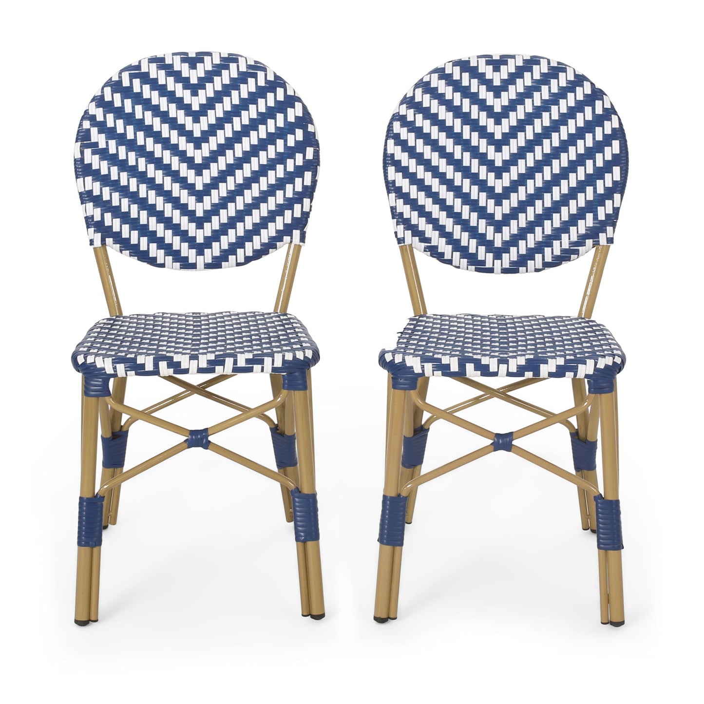 Outdoor Rattan and Aluminum French Armless Bistro Chairs Set of Two - Navy Blue and White