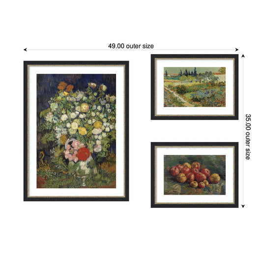 Apples 1887, Bouquet of Flowers in a Vase 1890, & Garden at Arles by Vincent Van Gogh 3 Piece Framed Wall Art Print Set by Nostalgia Prints