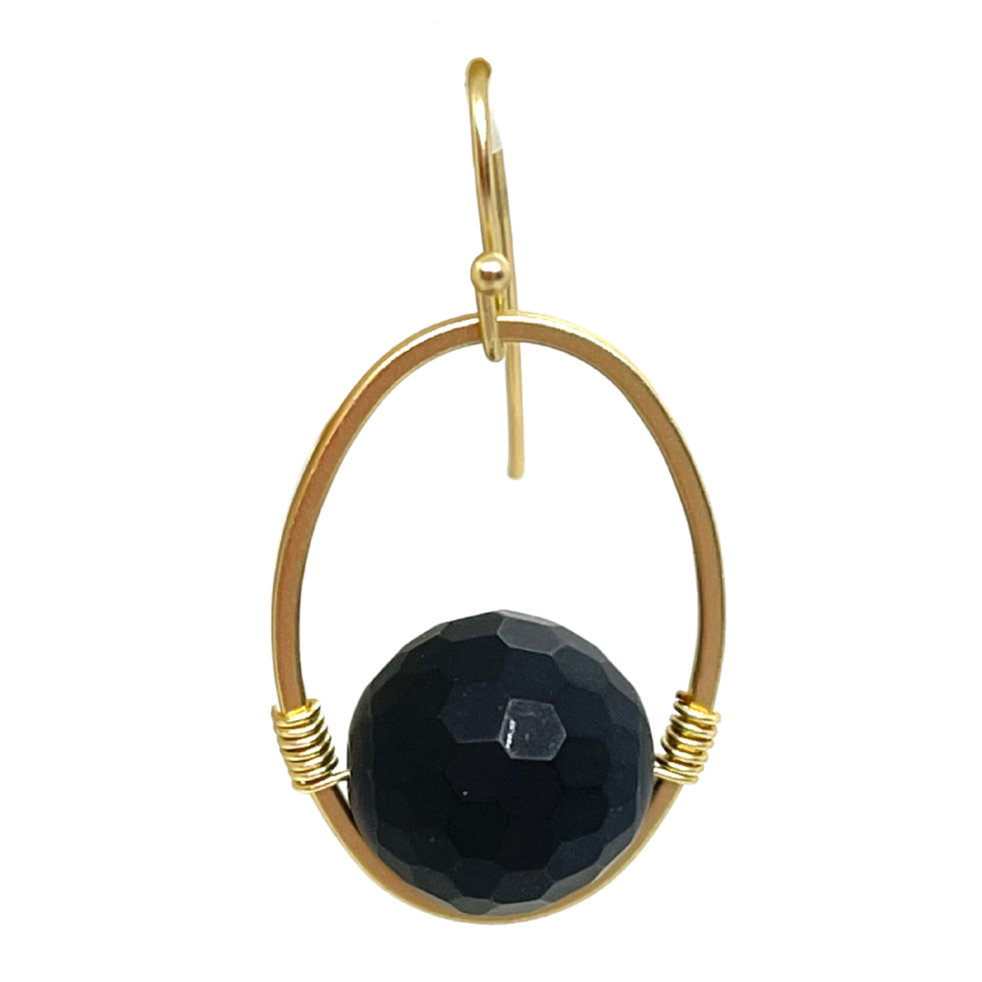 Black Onyx And Matte Gold Wire Wrap Oval Earrings