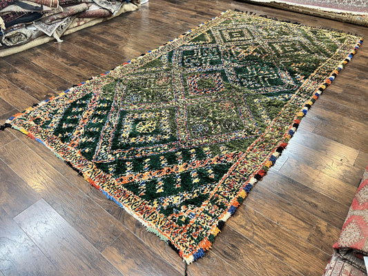 Large Moroccan Shag Rug 6x12, Green Multicolor Colorful Boho Rug, Handmade Hand Knotted Wool Carpet, Geometric Design, Vintage Rug