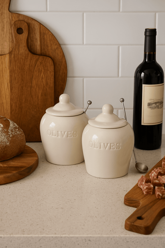 The Capri Debossed Stoneware Artisanal Olive Jars with Slotted Spoon – Set of 2