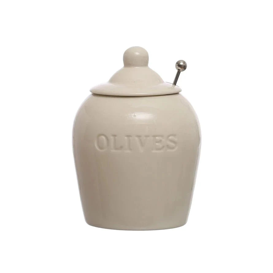 The Capri Debossed Stoneware Artisanal Olive Jars with Slotted Spoon – Set of 2