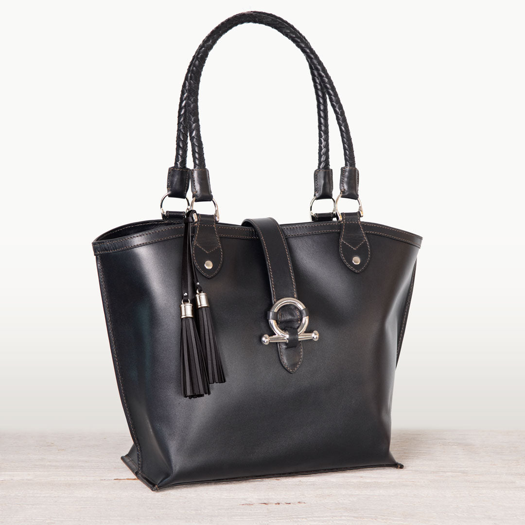 Del Rey -Horse Bit Tote Luxury Leather Handbag in Black