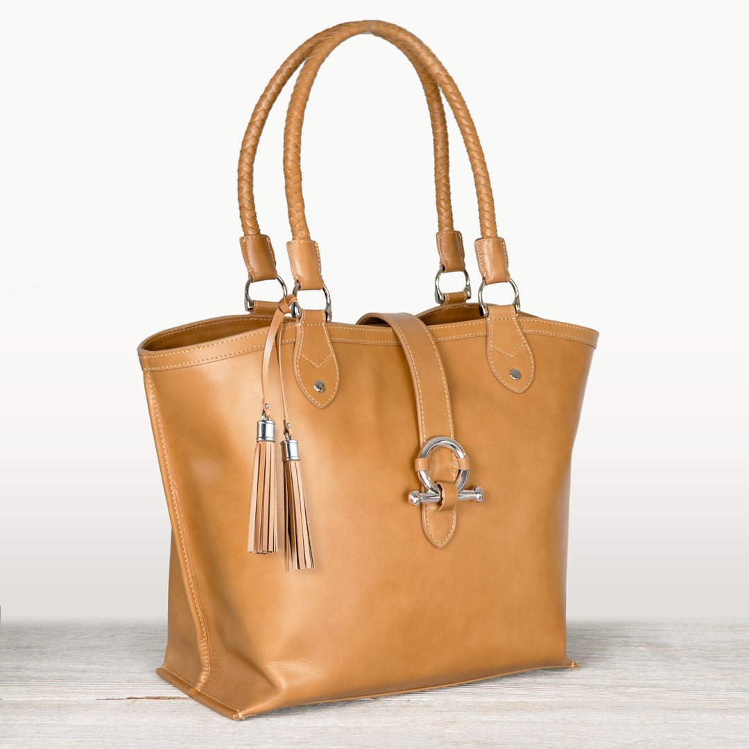 Del Rey -Horse Bit Tote Luxury Leather Handbag in Caramel