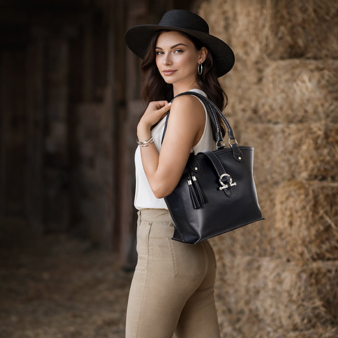 Del Rey -Horse Bit Tote Luxury Leather Handbag in Black