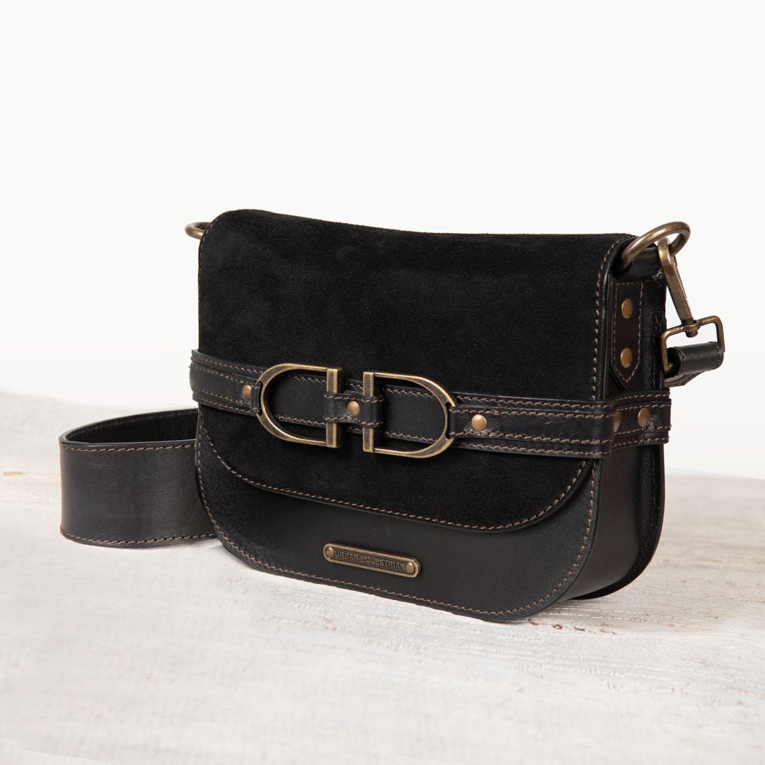 Delaney - Equestrian Stirrup Crossbody Luxury Leather Handbag in Black on Black