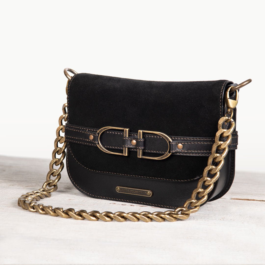 Delaney - Equestrian Stirrup Crossbody Luxury Leather Handbag in Black on Black