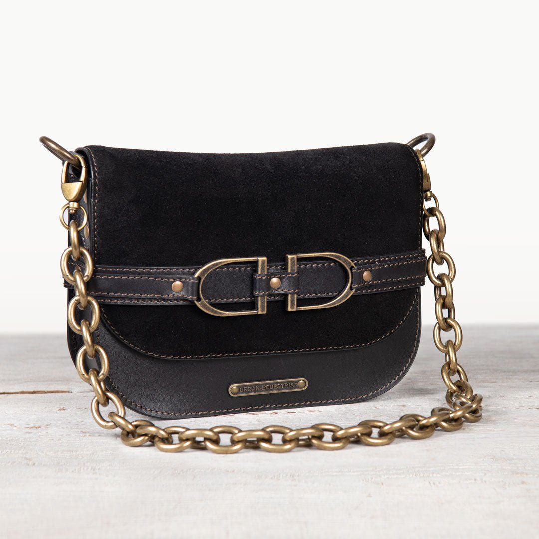 Delaney - Equestrian Stirrup Crossbody Luxury Leather Handbag in Black on Black