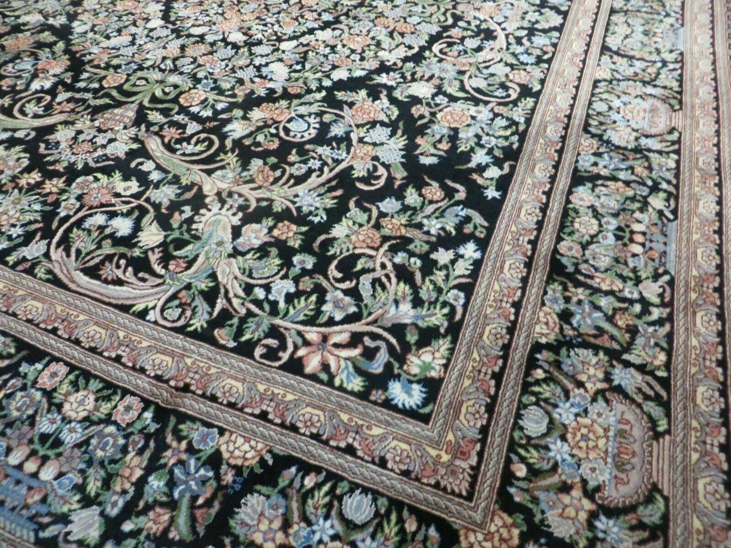 8' X 10' Vintage Handmade Pakistani Floral Wool Rug Black Nice