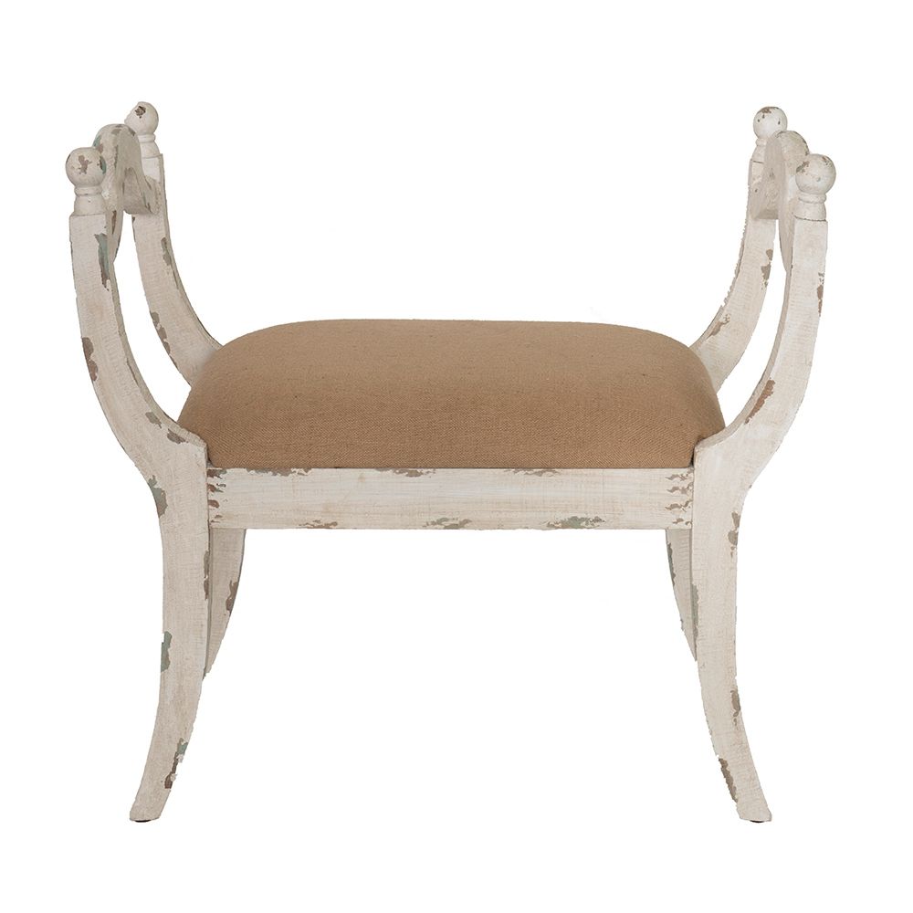 Harlow Country House Bench – Distressed White & Natural Linen