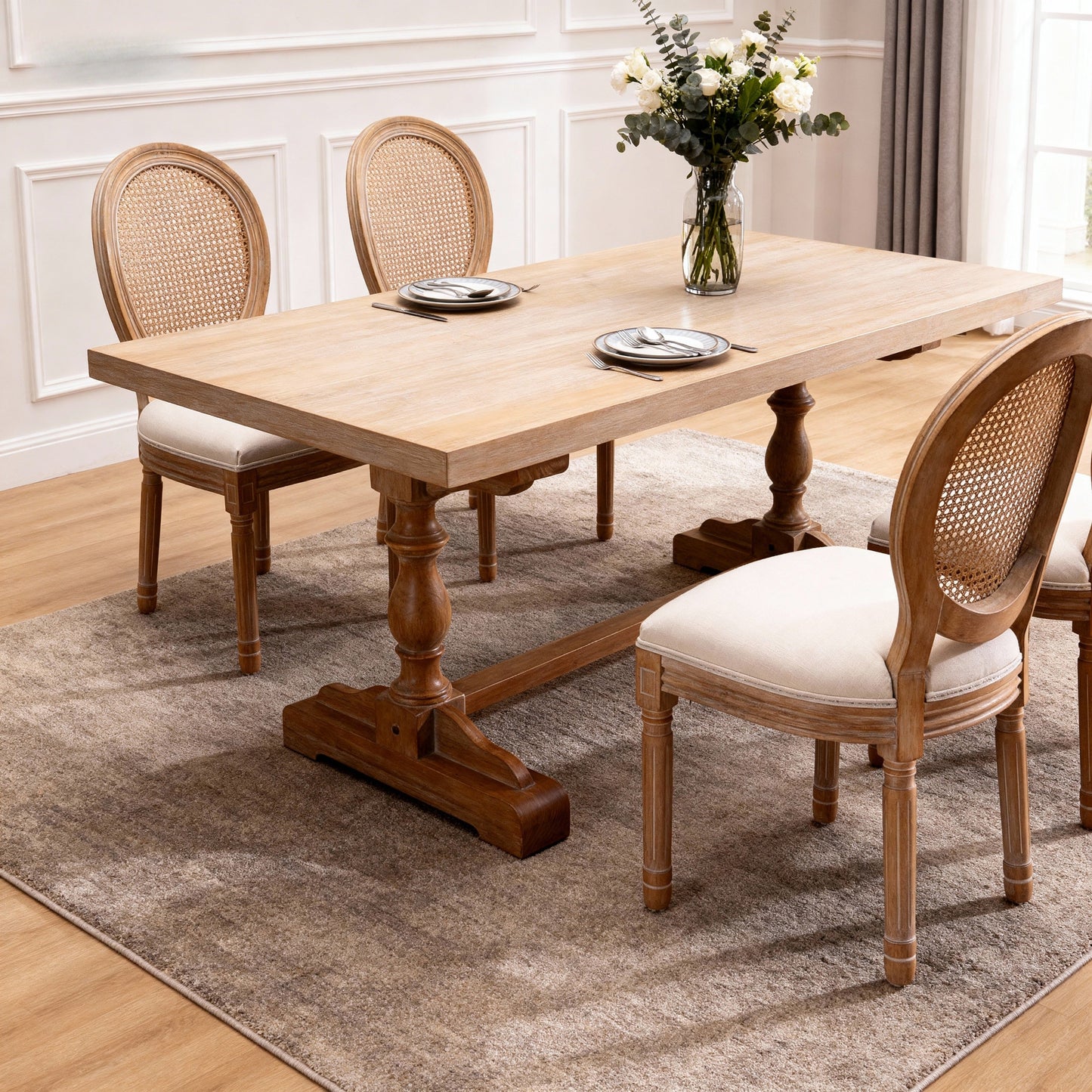French Style Solid Wood Linen Fabric Rattan Back Dining Chair, Set of 2, Beige