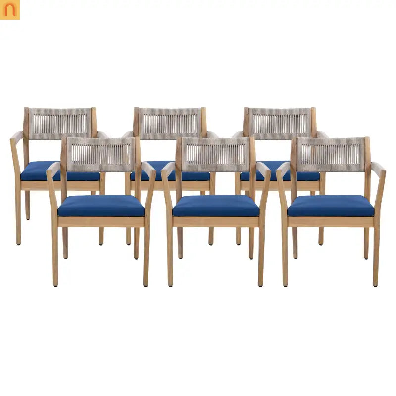 Dining Chair Braided Acacia Wood Teak Look Beige Rope Navy Cushions Set of 2