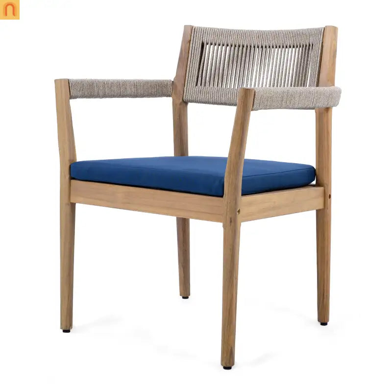 Dining Chair Braided Acacia Wood Teak Look Beige Rope Navy Cushions Set of 2