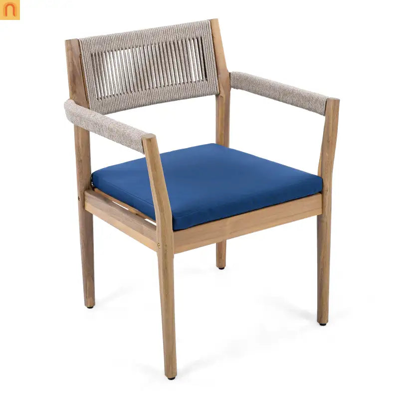 Dining Chair Braided Acacia Wood Teak Look Beige Rope Navy Cushions Set of 2