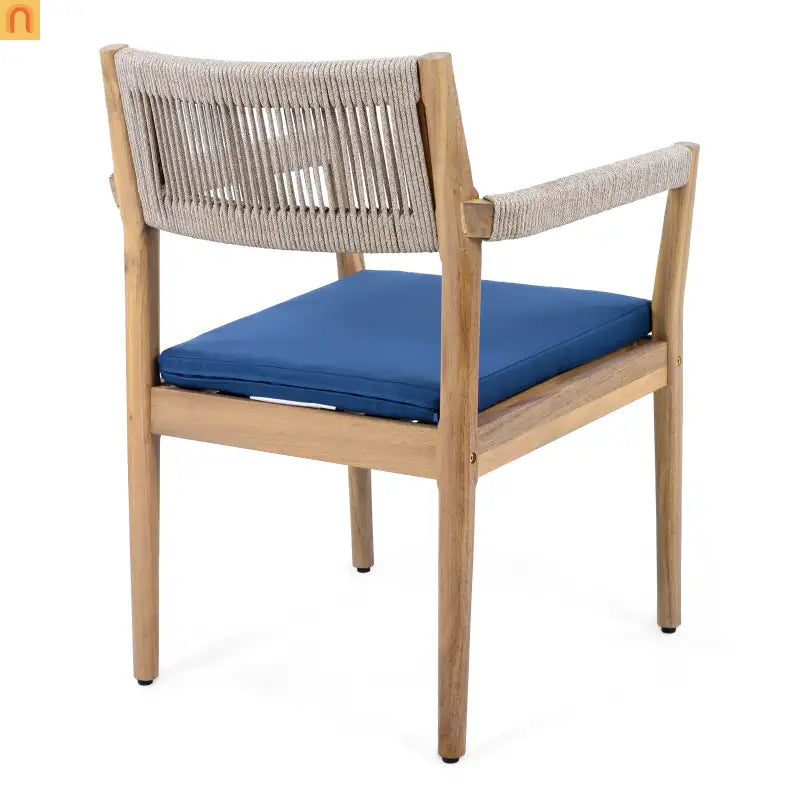 Dining Chair Braided Acacia Wood Teak Look Beige Rope Navy Cushions Set of 2