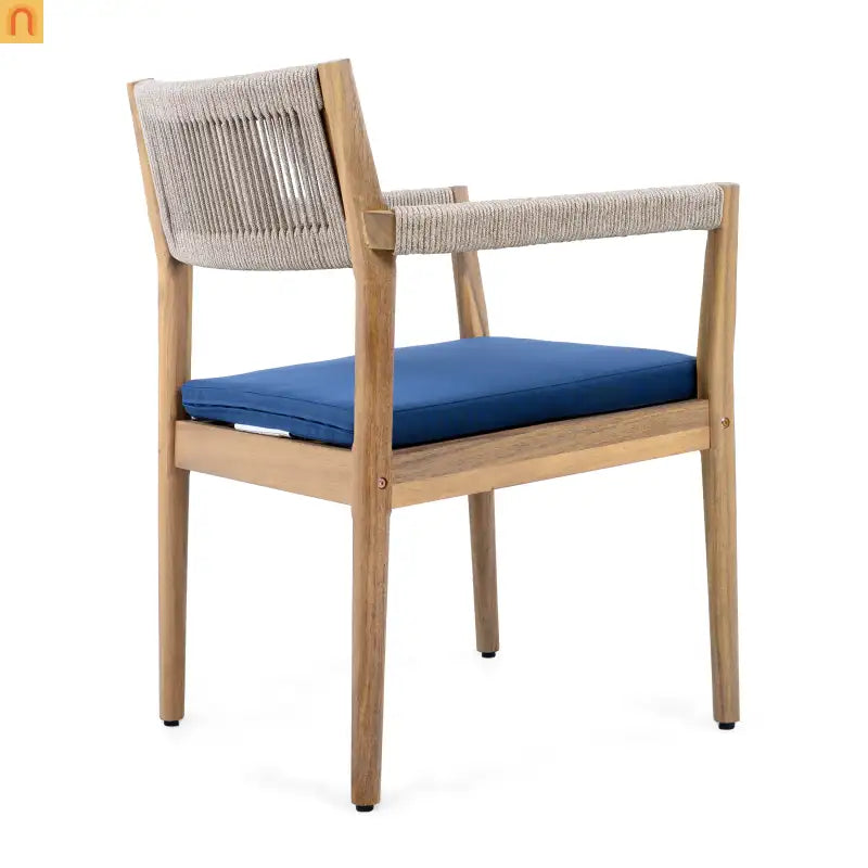 Dining Chair Braided Acacia Wood Teak Look Beige Rope Navy Cushions Set of 2