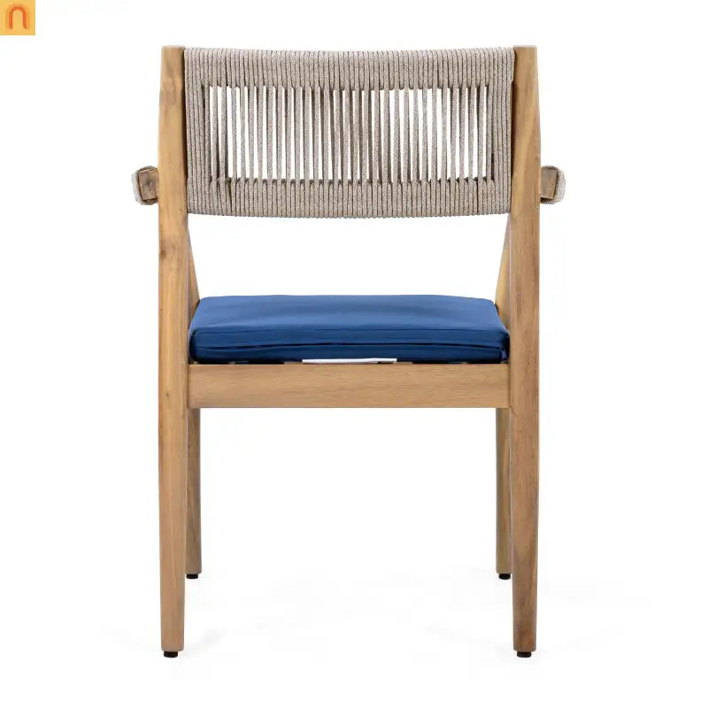 Dining Chair Braided Acacia Wood Teak Look Beige Rope Navy Cushions Set of 2