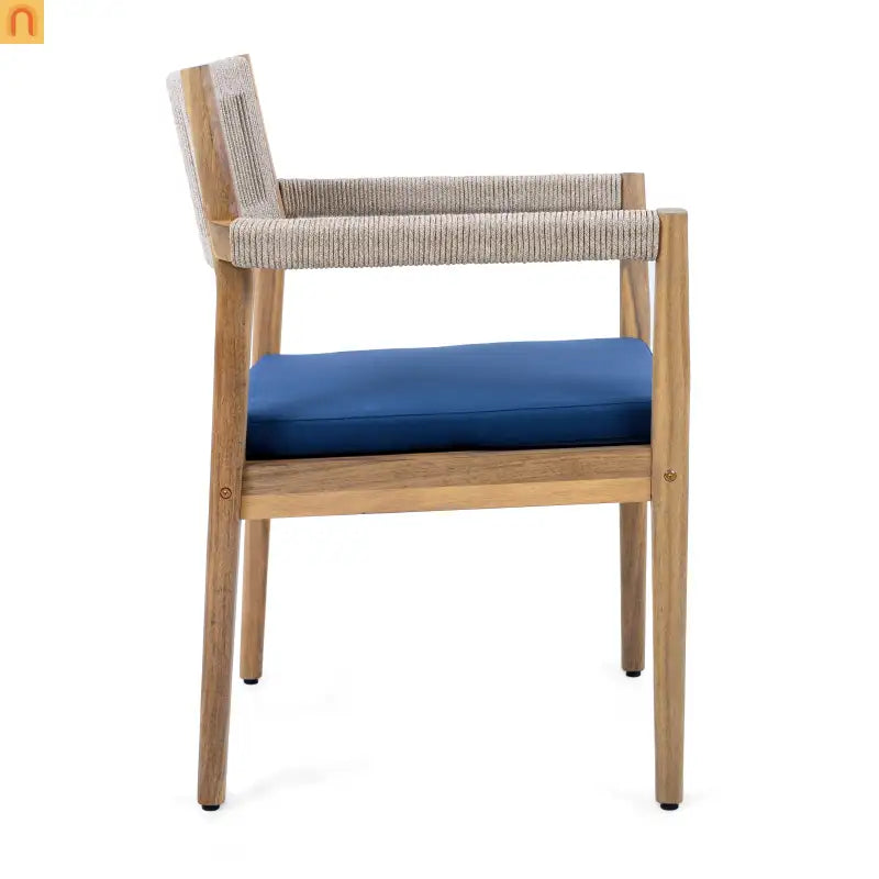 Dining Chair Braided Acacia Wood Teak Look Beige Rope Navy Cushions Set of 2