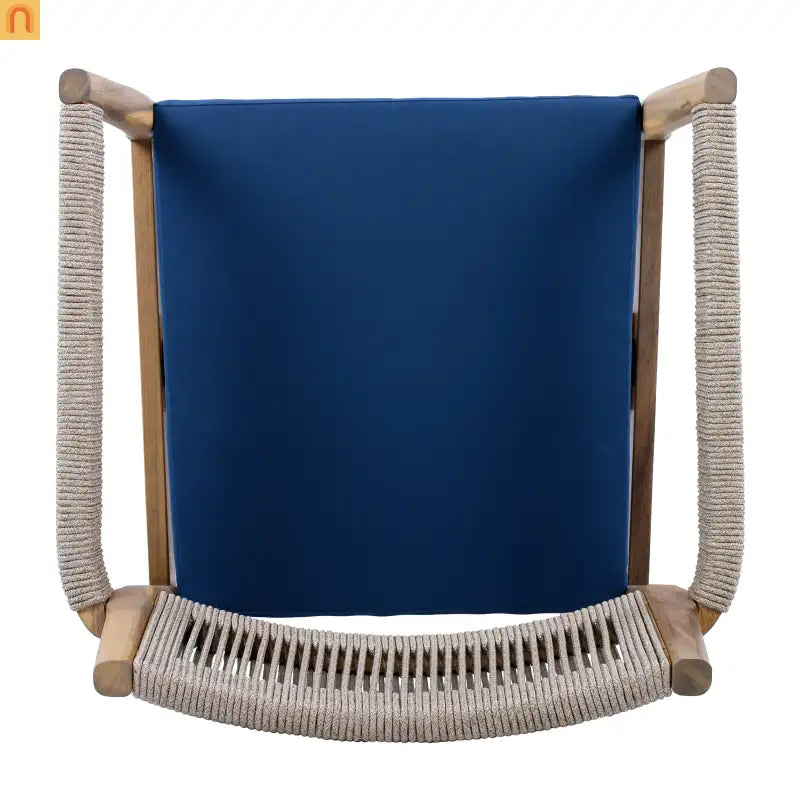 Dining Chair Braided Acacia Wood Teak Look Beige Rope Navy Cushions Set of 2