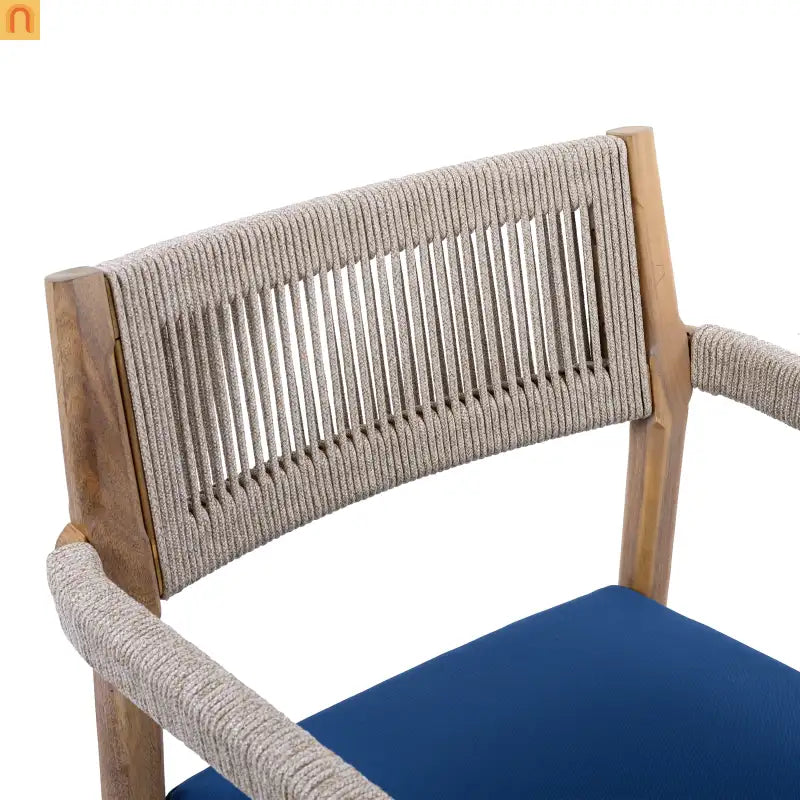 Dining Chair Braided Acacia Wood Teak Look Beige Rope Navy Cushions Set of 2