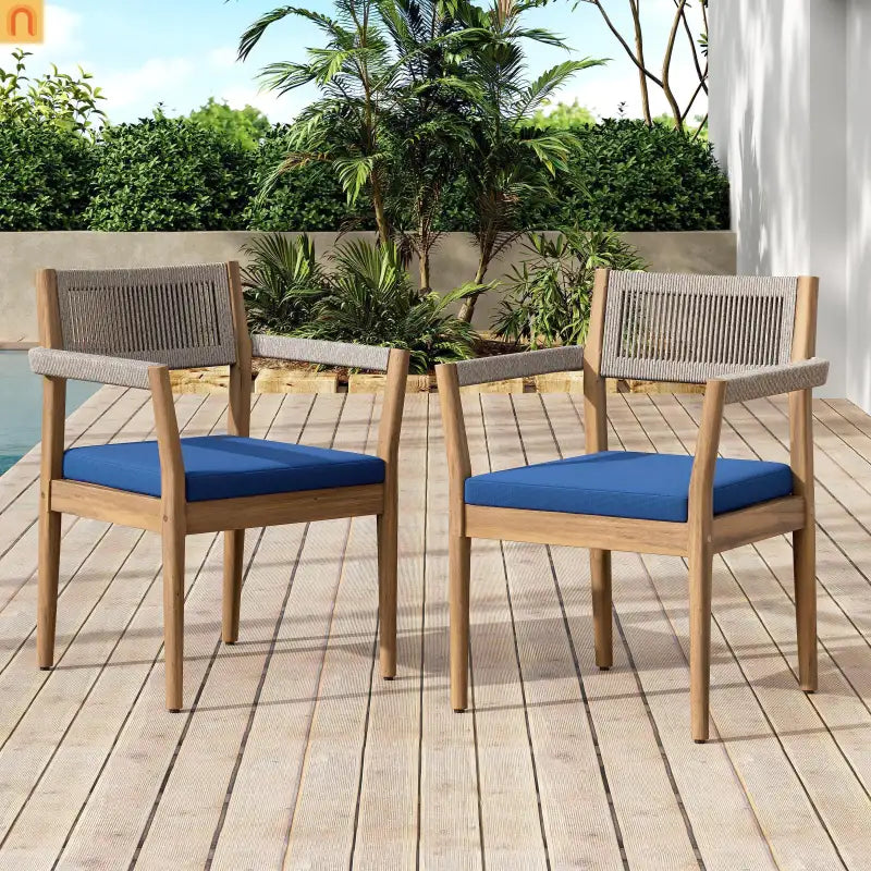 Dining Chair Braided Acacia Wood Teak Look Beige Rope Navy Cushions Set of 2