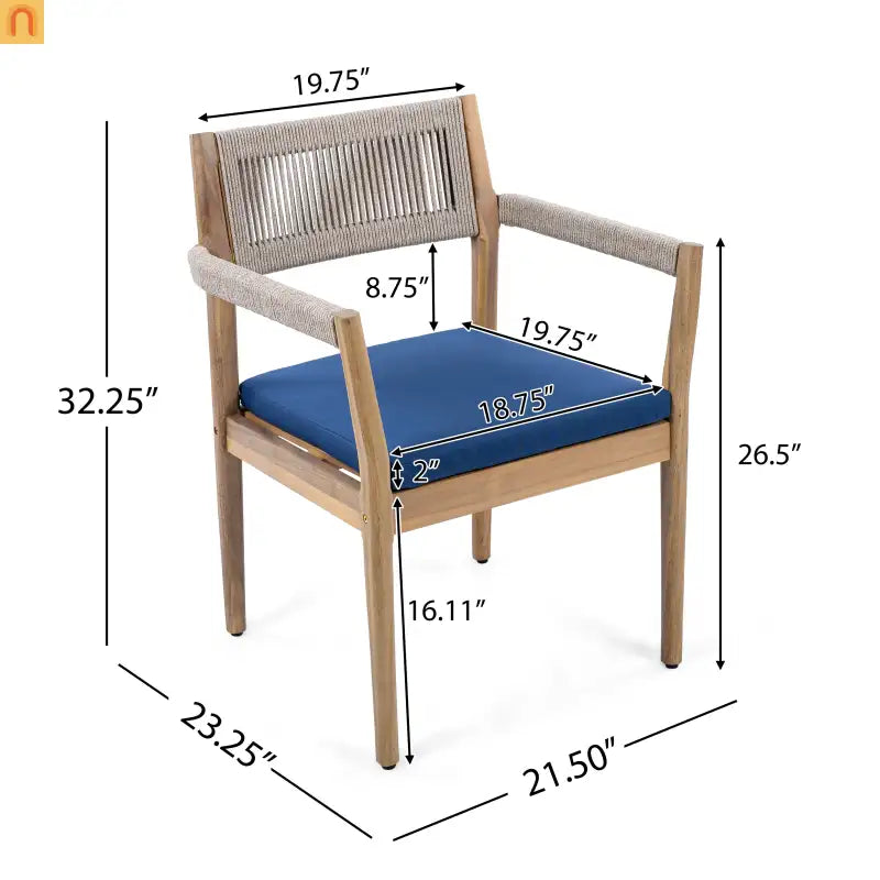 Dining Chair Braided Acacia Wood Teak Look Beige Rope Navy Cushions Set of 2