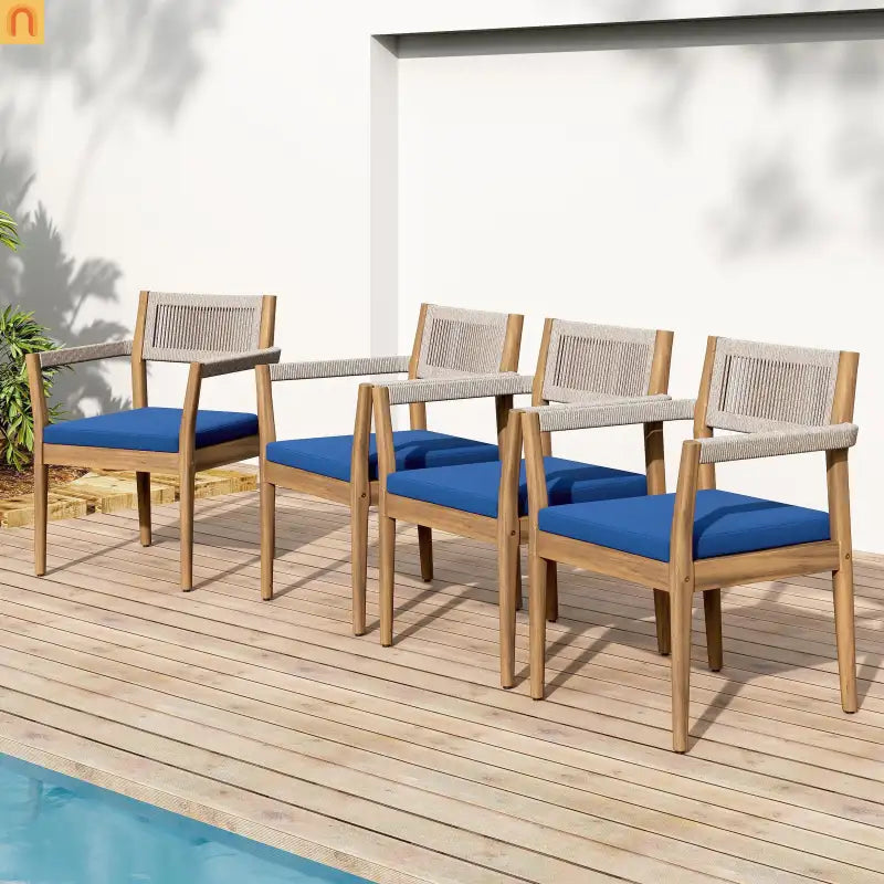 Dining Chair Braided Acacia Wood Teak Look Beige Rope Navy Cushions Set of 2