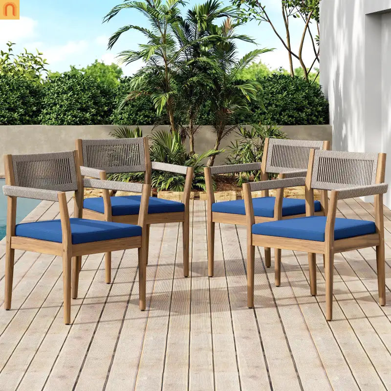 Dining Chair Braided Acacia Wood Teak Look Beige Rope Navy Cushions Set of 2