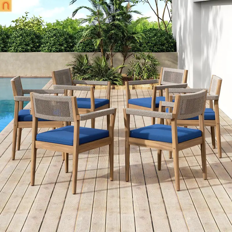 Dining Chair Braided Acacia Wood Teak Look Beige Rope Navy Cushions Set of 2