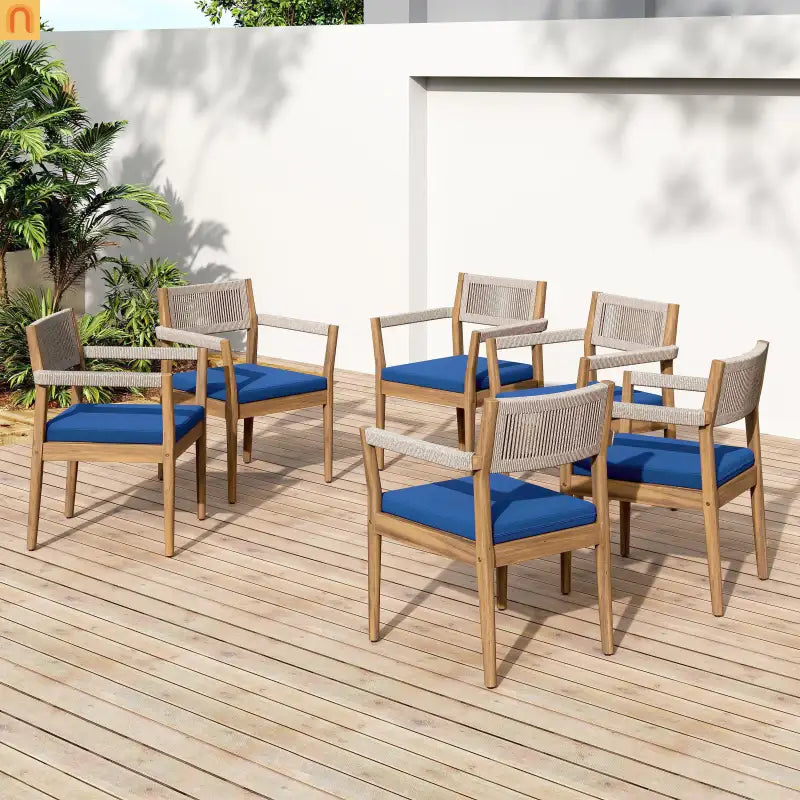 Dining Chair Braided Acacia Wood Teak Look Beige Rope Navy Cushions Set of 2