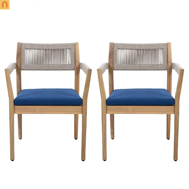 Dining Chair Braided Acacia Wood Teak Look Beige Rope Navy Cushions Set of 2