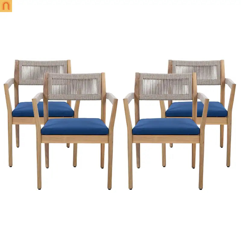 Dining Chair Braided Acacia Wood Teak Look Beige Rope Navy Cushions Set of 2