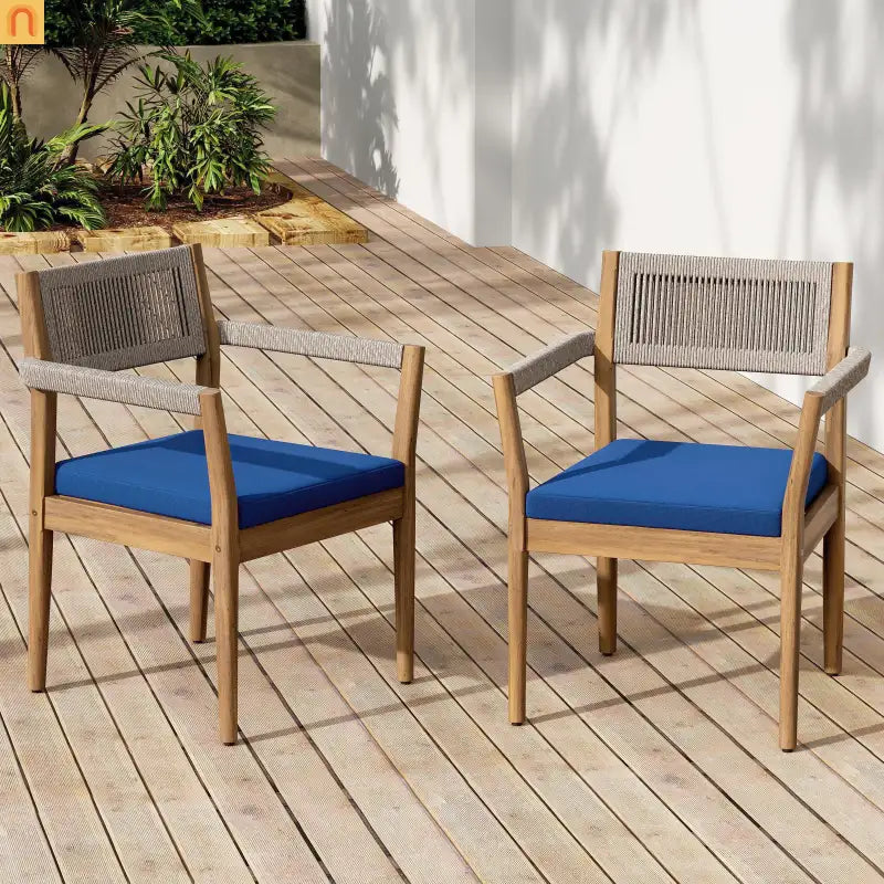 Dining Chair Braided Acacia Wood Teak Look Beige Rope Navy Cushions Set of 2