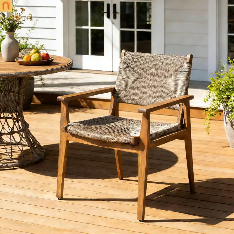 Dining Chair Outdoor Modern with Acacia Wood Frame and Handwoven Wicker Seat