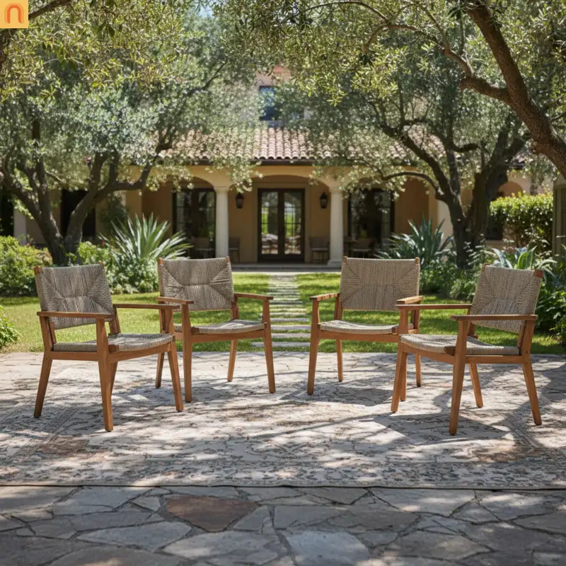 Dining Chair Outdoor Modern with Acacia Wood Frame and Handwoven Wicker Seat