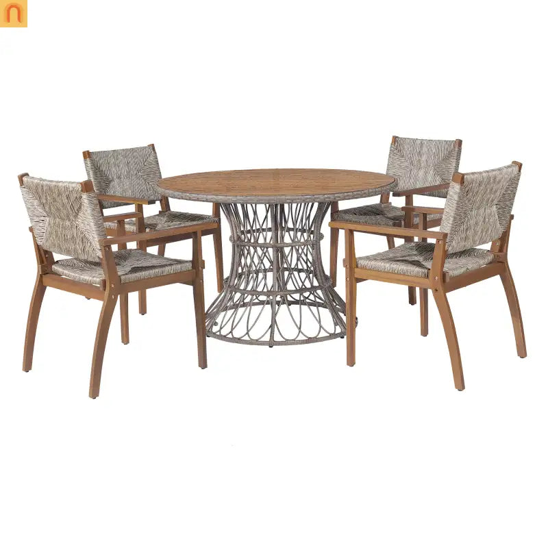Dining Chair Outdoor Modern with Acacia Wood Frame and Handwoven Wicker Seat