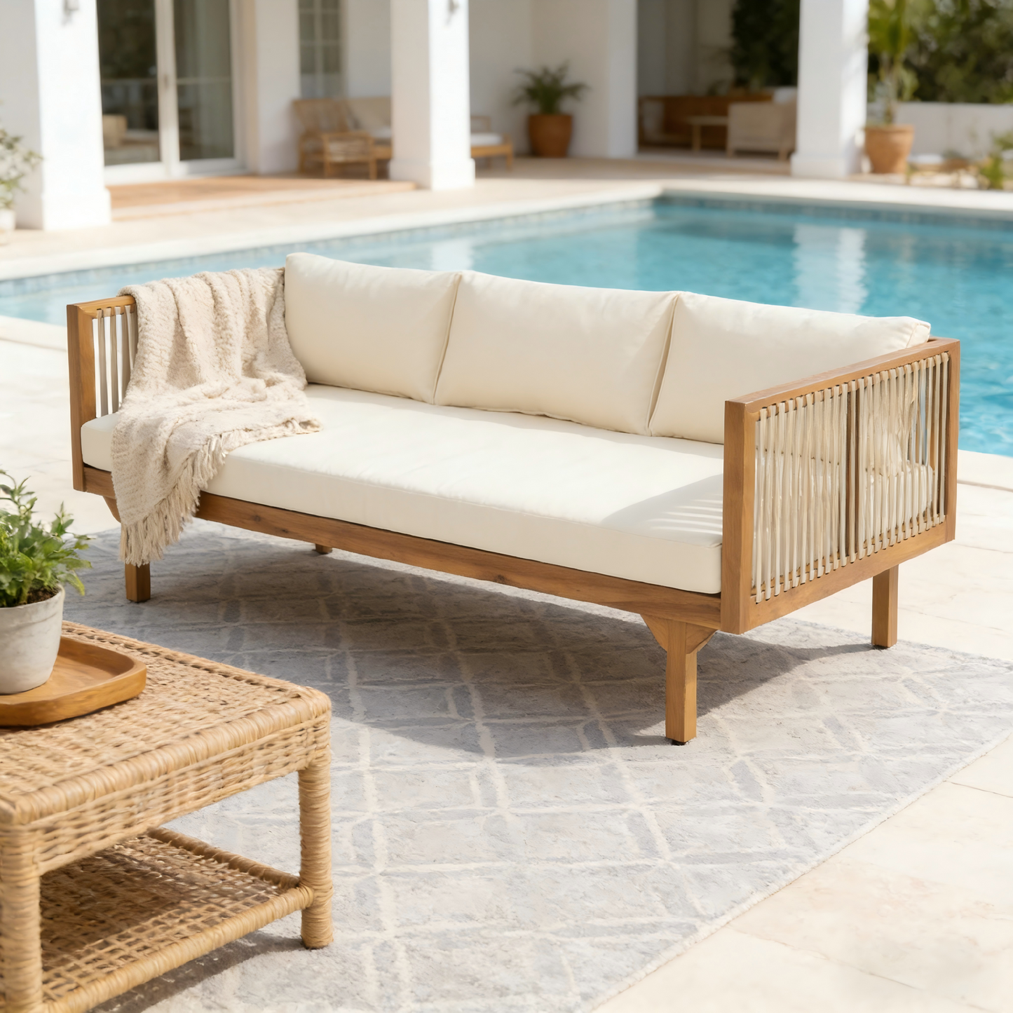 Outdoor Patio Sofa Rope Beige Cushions Teak Finish Acacia Wood