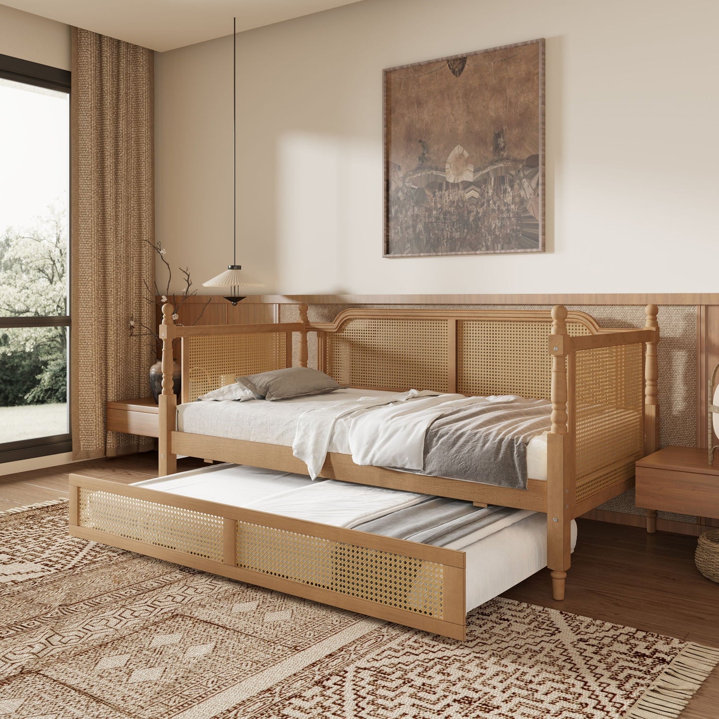 Traditional Style Rattan Daybed, No Box Spring Needed